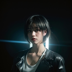 亚洲童颜皮衣短发美女图片